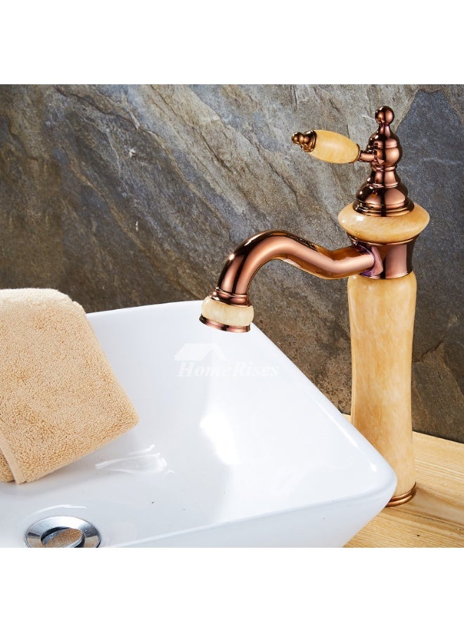 YD Luxury Single Handle Bathroom Sink Faucet with Marble Style Body, Deck Mount Basin Mixer Tap, Solid Brass Construction, High Arc Spout Vanity Faucet for Countertop Wash Basin - Image 2